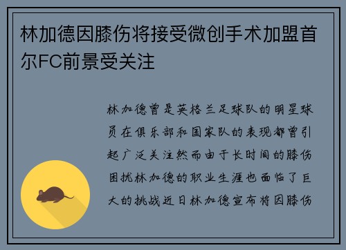 林加德因膝伤将接受微创手术加盟首尔FC前景受关注 林加德因膝伤将接受微创手术加盟首尔FC前景受关注